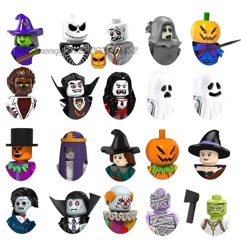 Horror Freddy Jason Zombie Halloween Building Blocks Brick Pumpkin Vampire Witch Mini Action Figure Heads Kids Educational Toys