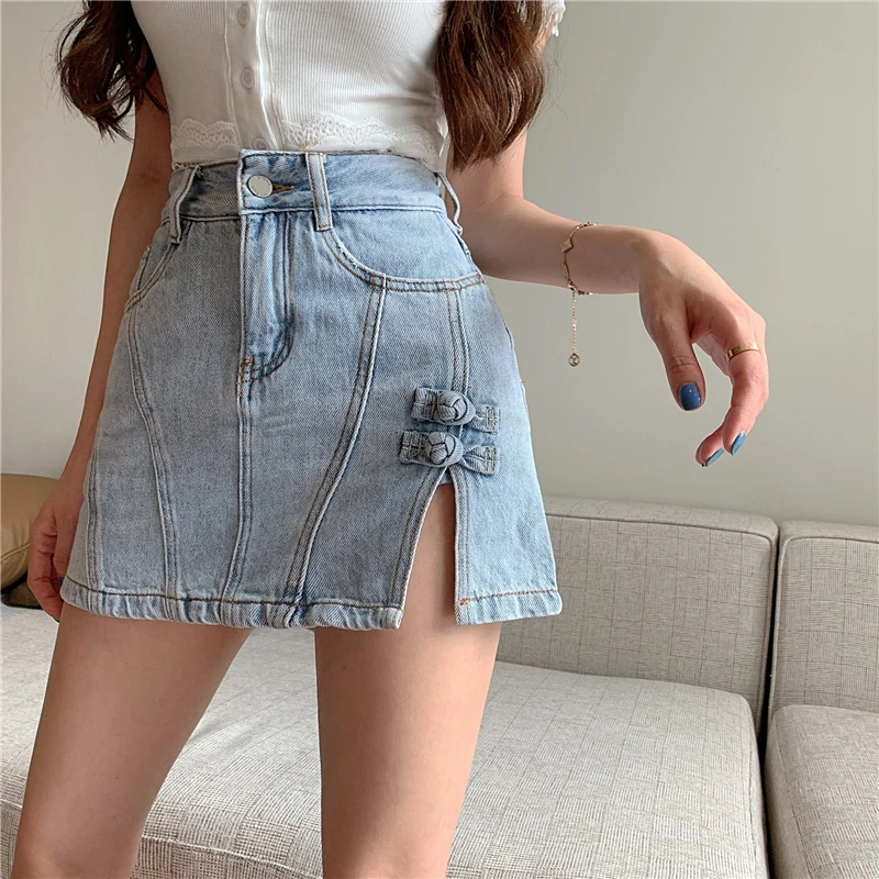 

2021 Summer Women High Waist Blue Denim Skirt Women Sexy Korean Style A Line Preppy Mini Jeans Skirts Solid Casual Faldas Mujer