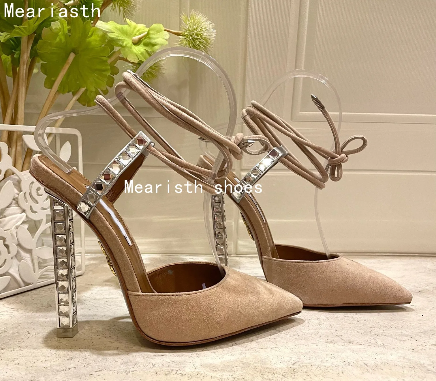 

Rhinestone Silver Diamond Heel Pointed Sandals Woman Summer 2023 Black Ankle Cross Tie Closed High Heels Fashion Shoes for Women