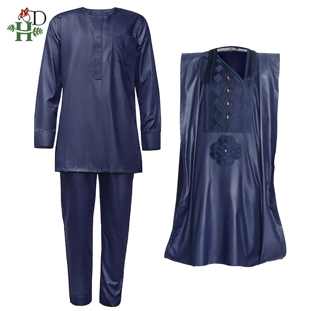 H&ampD Men's African Clothing Embroidered Dashiki Traditional Robe Long Sleeve Shirt Pants Set Wedding Dress Rich Bazin Original - купить