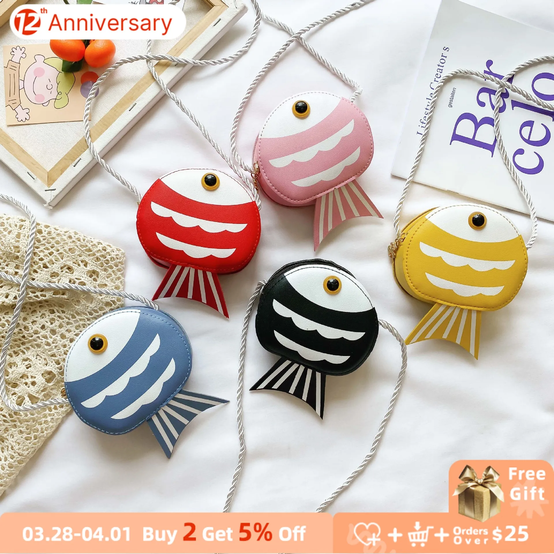 

Baby Girls PU Leather Mini Crossbody Bag Cartoon Fish Children Handbags Cute Princess Coin Purse Boys Kids Small Shoulder Bags