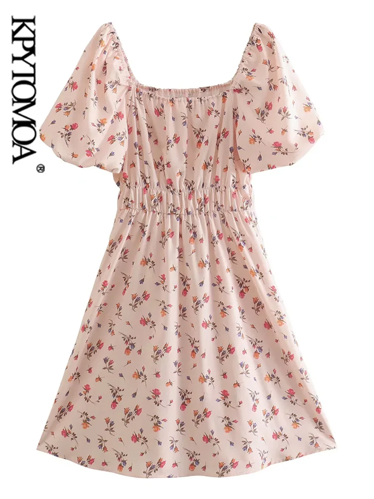 

Женское мини-платье с цветочным принтом, коротким рукавом и квадратным вырезом