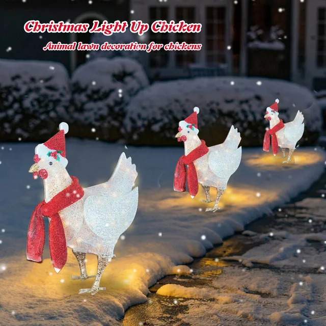 Chicken Christmas Ornaments LED Light Rooster Animal Garden Stakes Acrylic Xmas Atmosphere Holiday Decoration for Festival Party 3