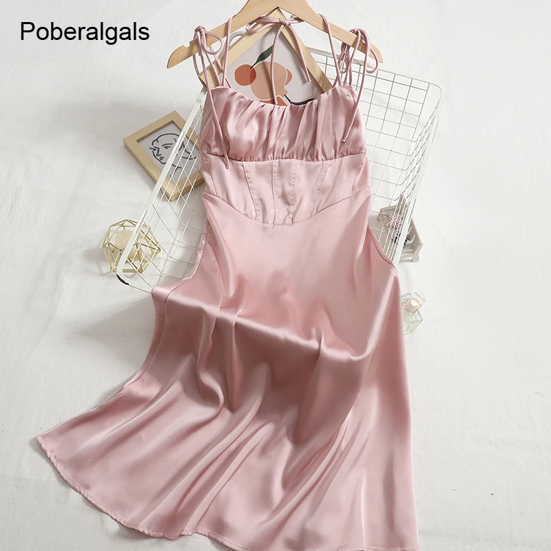 

Lace-up halter dress elegant female spring 2022 pure color dresses Korean temperament long satin dress Shirring vestido de mujer