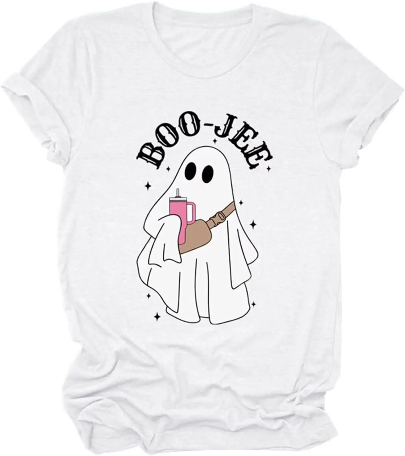 Boo JEE Halloween T-Shirt Ghost Straws Cup Drinks Graphic Tees for Women Casual Crewneck Tops Fun Gift