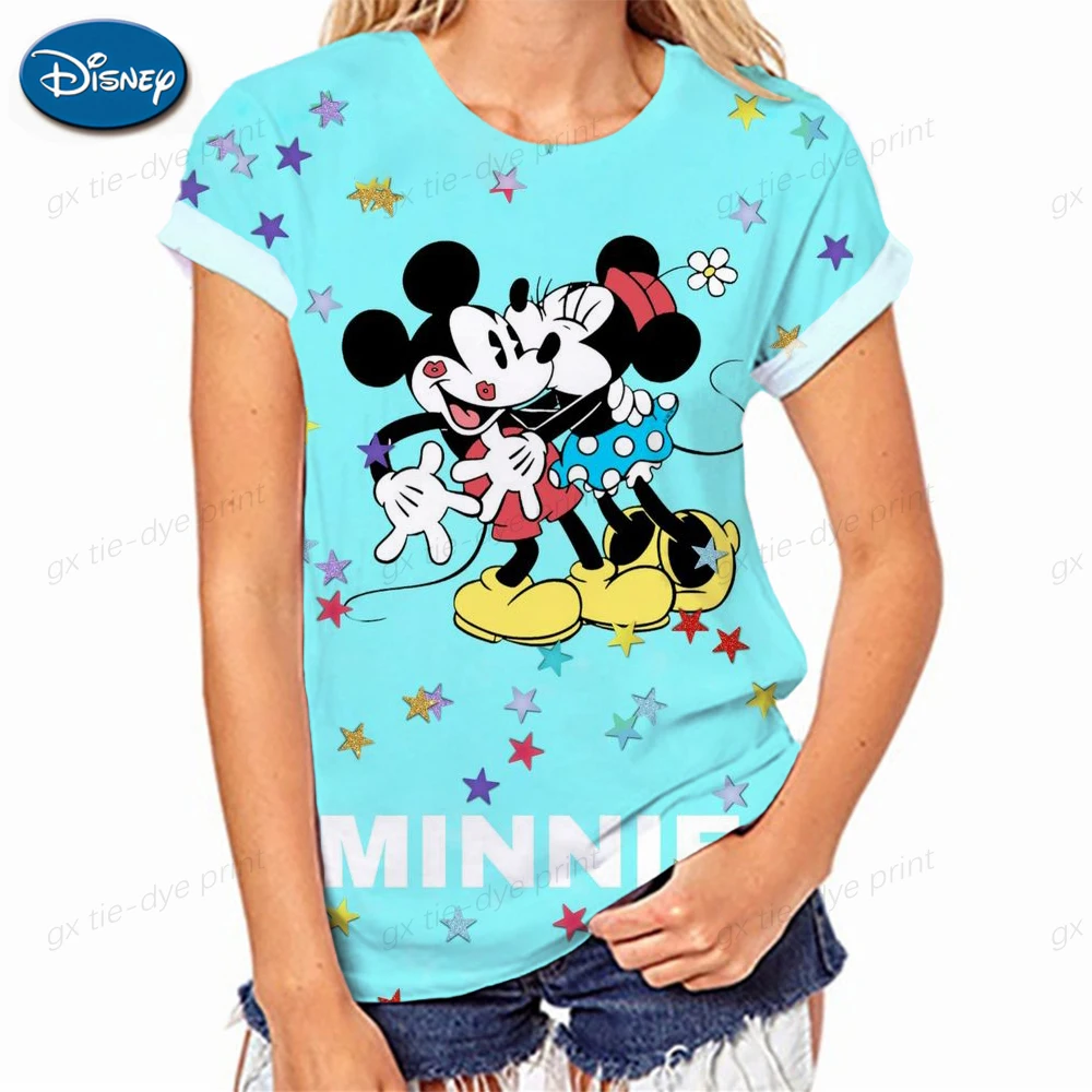 

Модная женская футболка с коротким рукавом и принтом Минни и Микки Маус, летняя повседневная свободная эластичная Домашняя футболка с круглым вырезом для лета