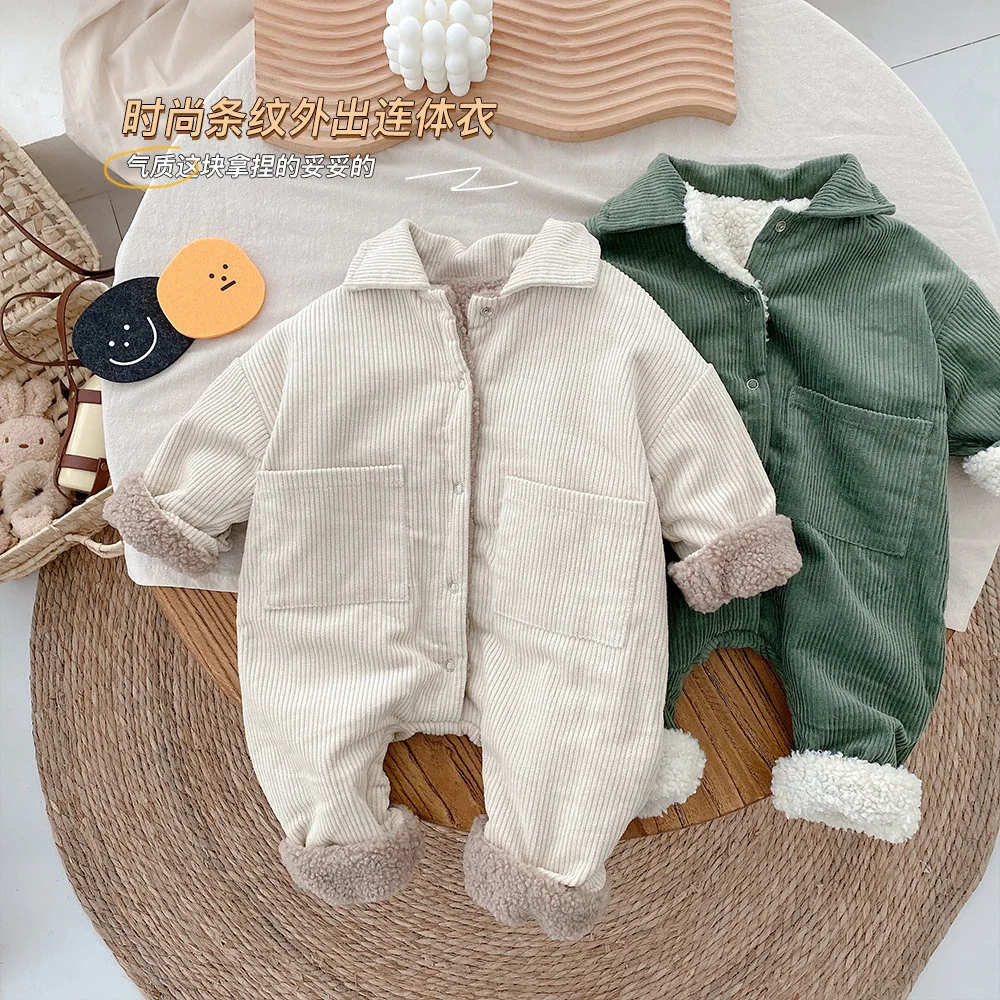 

0-2 year old baby corduroy jumpsuit male baby winter clothes newborn outer wear plus velvet cotton romper