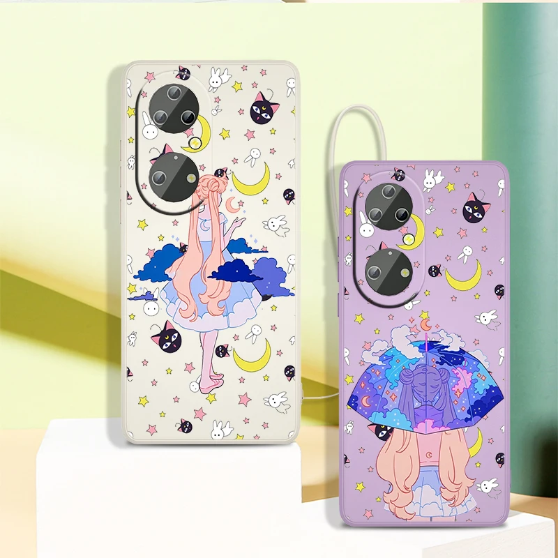 

Cute Sailor Moon Gril Phone Case For Huawei P50 P40 P30 P20 Pro Lite E Y9S Y9A Y9 Y6 Y70 Nova 5T 9 5G Liquid Rope Cover