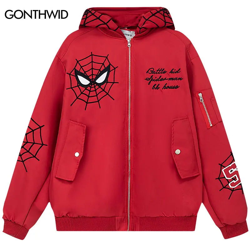 

Men Removable Hood Baseball Jacket Hip Hop Embroidery Spider Web Letter Bomber Jackets Coat Streetwear 2023 Harajuku Loose Coat