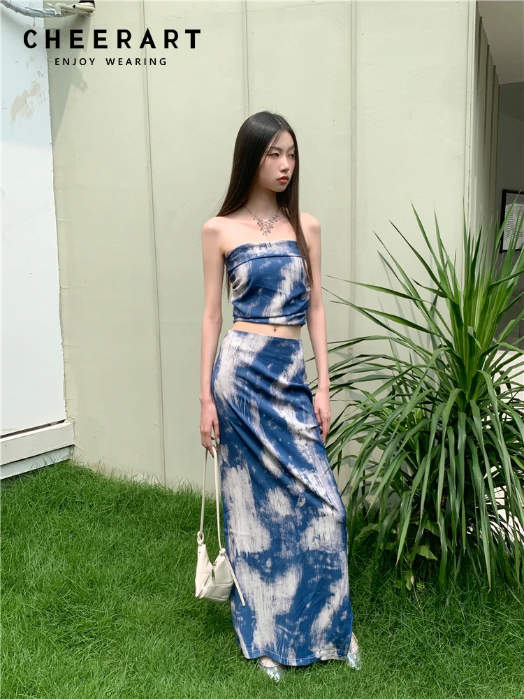 

CHEERART Y2k Blue Tie Dye Summer Two Piece Set For Women Crop Top And Long Skirt Set Vacation Outfit New In Matching Sets