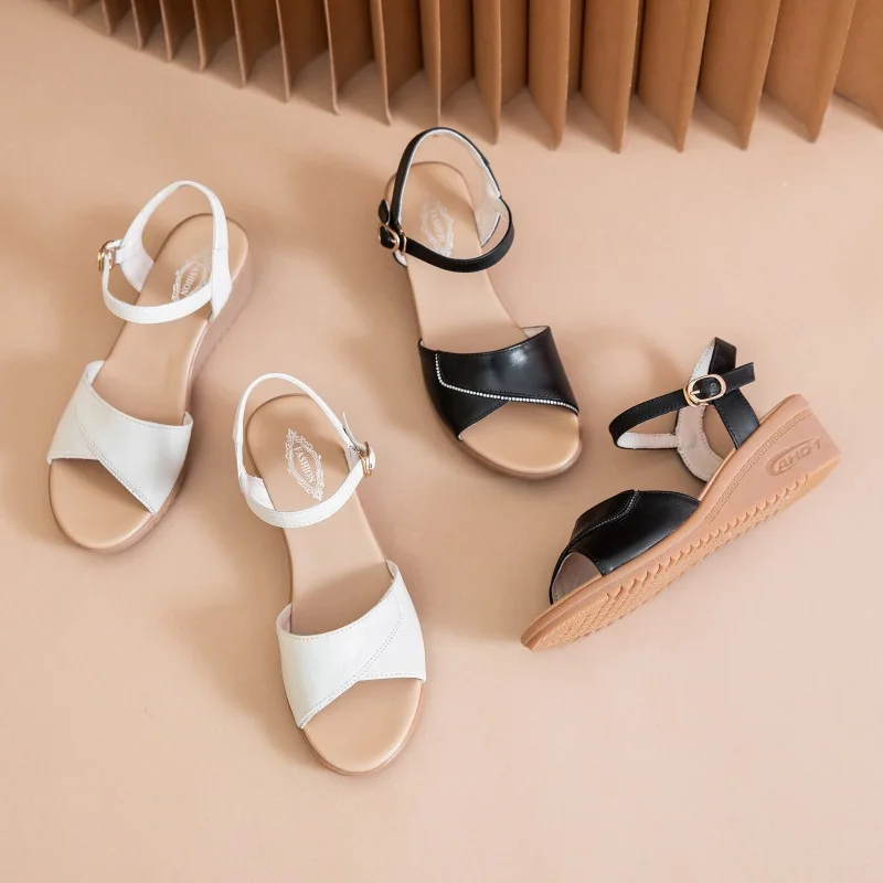 Concise Sling Back Sandals Woman Leather Wedged Shoes Women's Summer Platform Peep Toe Flat Sandal Mother Pregnant Women Shoes