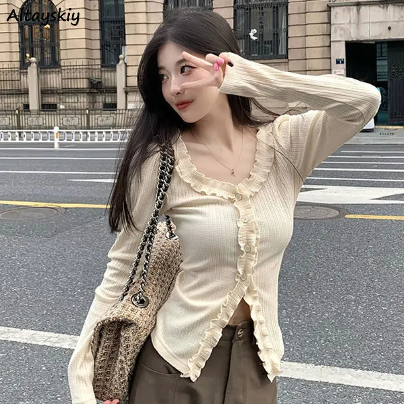 

Cardigan Women Ruffles Slim Temper Soft Fashion Chic Hotsweet All-match Spring Girlish Korean Style Casual Aesthetic Knitwear