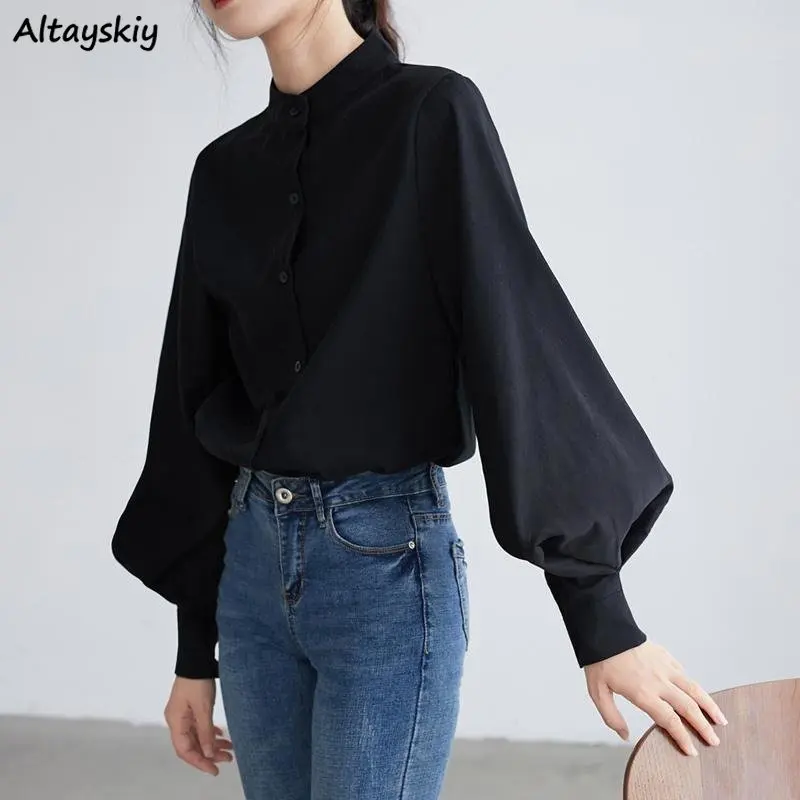 

Lantern Sleeve Shirts for Women Elegant Office Ladies Solid Minimalist All-match Autumn Tops Camisas Mujer Ropa Aesthetic Casual
