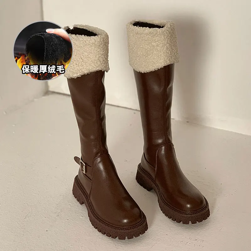 

Lapolaka Fashion Women Motorcycle Boots Warm Plush Knee-High Boots With Buckle Med Platform Women Boots Winter Party Club Dress