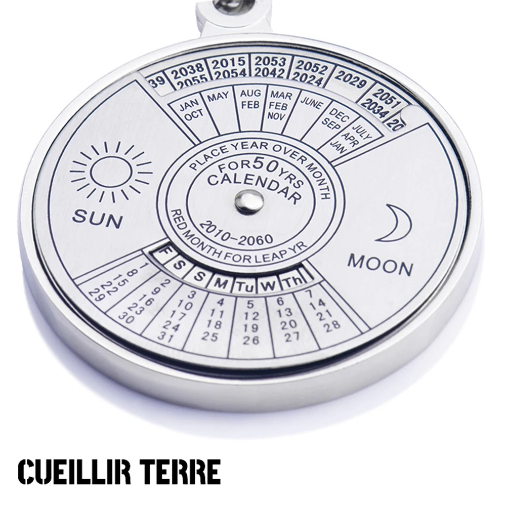 

Hot Sell Mini 50 Years Perpetual Calendar Unisex Key Chain Unique Metal Car Key Holder Ring Calendar Keychain Anniversary Gift