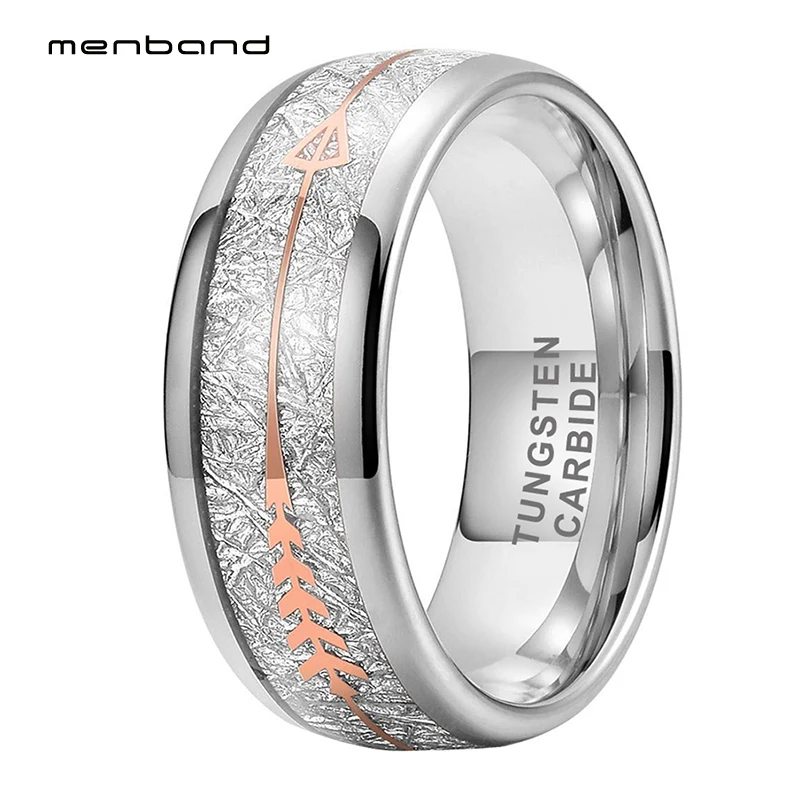 

8mm Mens Womens Tungsten Carbide Rings With White Meteorite Rose Arrow Inlay Dome Polished Comfort Fit
