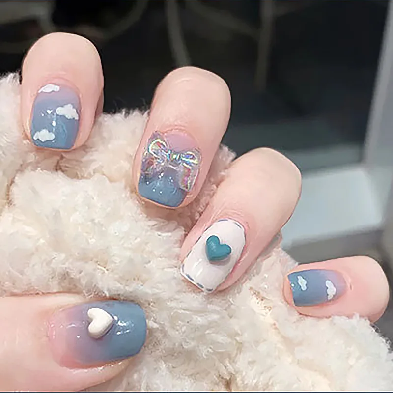 

Blue Cloud Love Diamond Bow Sparkling Icy Manicure Nails Products Reusable Adhesive False Fake Nail Supplies Glue Press Things