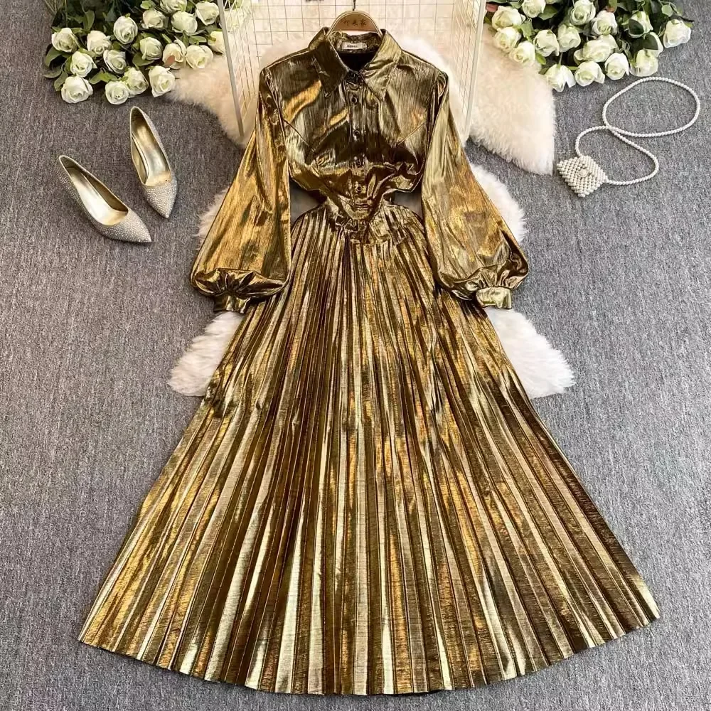 Винтажное элегантное однобортное тонкое плиссированное платье трапециевидной