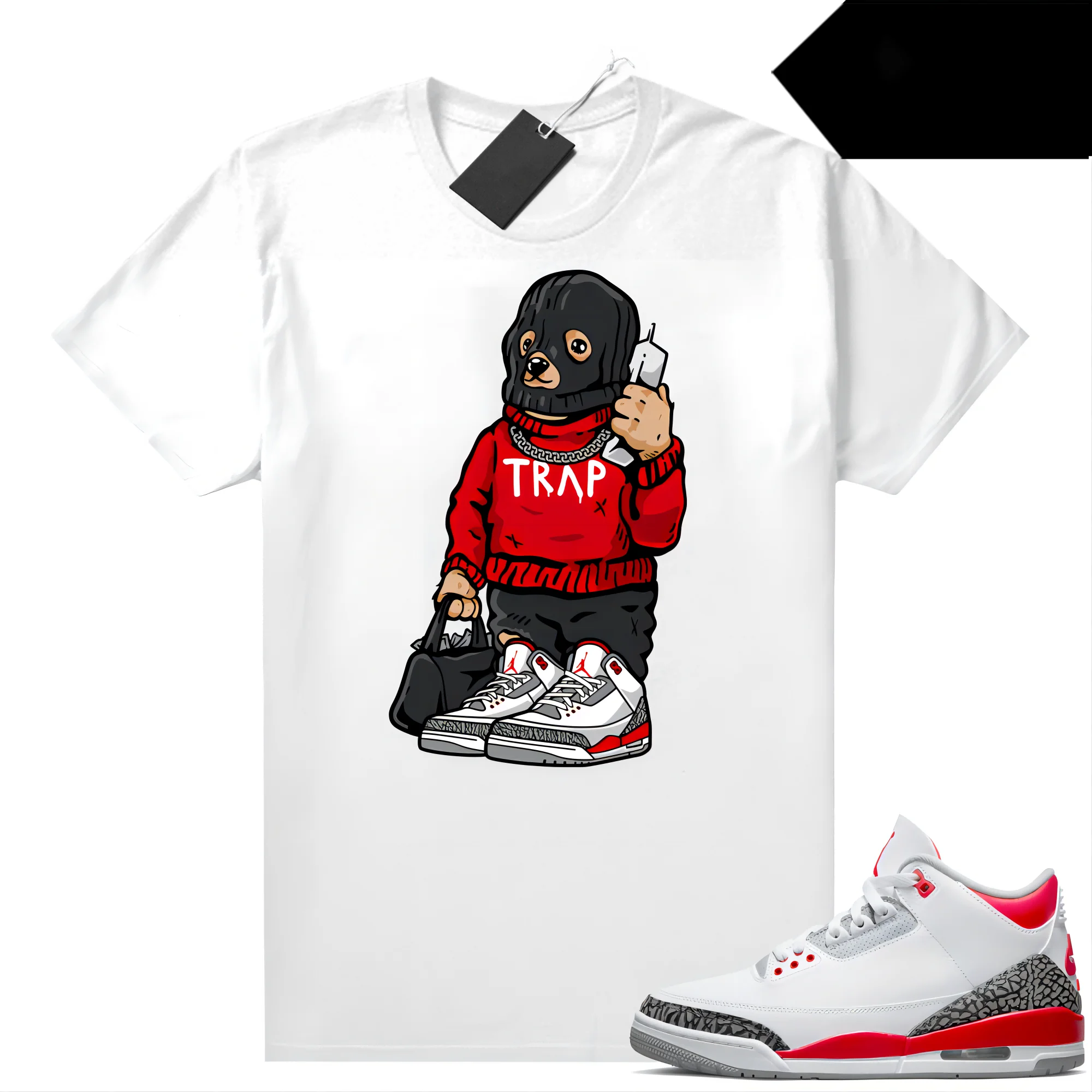 

Fire Red 3s Shirts Sneaker Match White Trap Bear Men's Clothing 100% Cotton Unisex Graphic T Shirts For Men