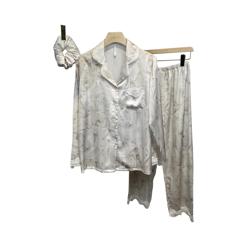 Women's 3 Piece Pajamas Sets Soft Cute Floral Pijama Faux Silk Satin Pyjama Female Sleepwear Long Sleeve Shirt Trouser Homewear