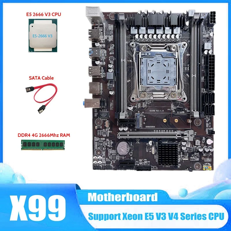 

X99 Motherboard LGA2011-3 Computer Motherboard Support DDR4 ECC RAM With E5 2666 V3 CPU+DDR4 4G 2666Mhz RAM+SATA Cable