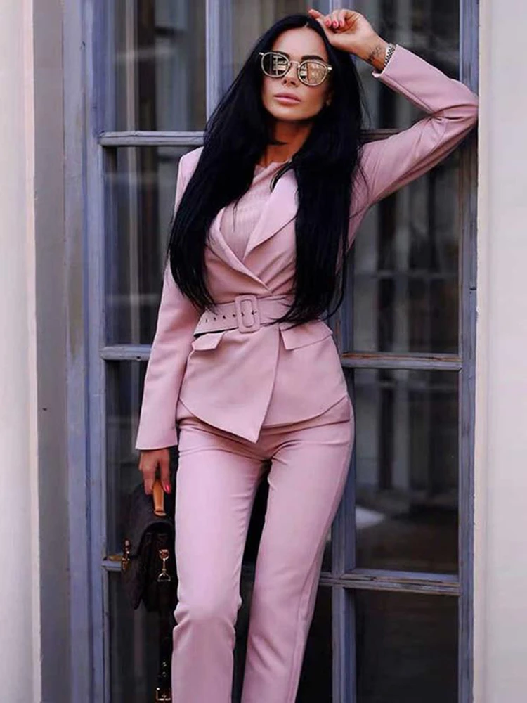 

MVGIRLRU Office Lady Work Pants Suits Women's tracksuit Slim Long Sleeve Sashes Blazer + Straight Pants Elegant Two Piece Set