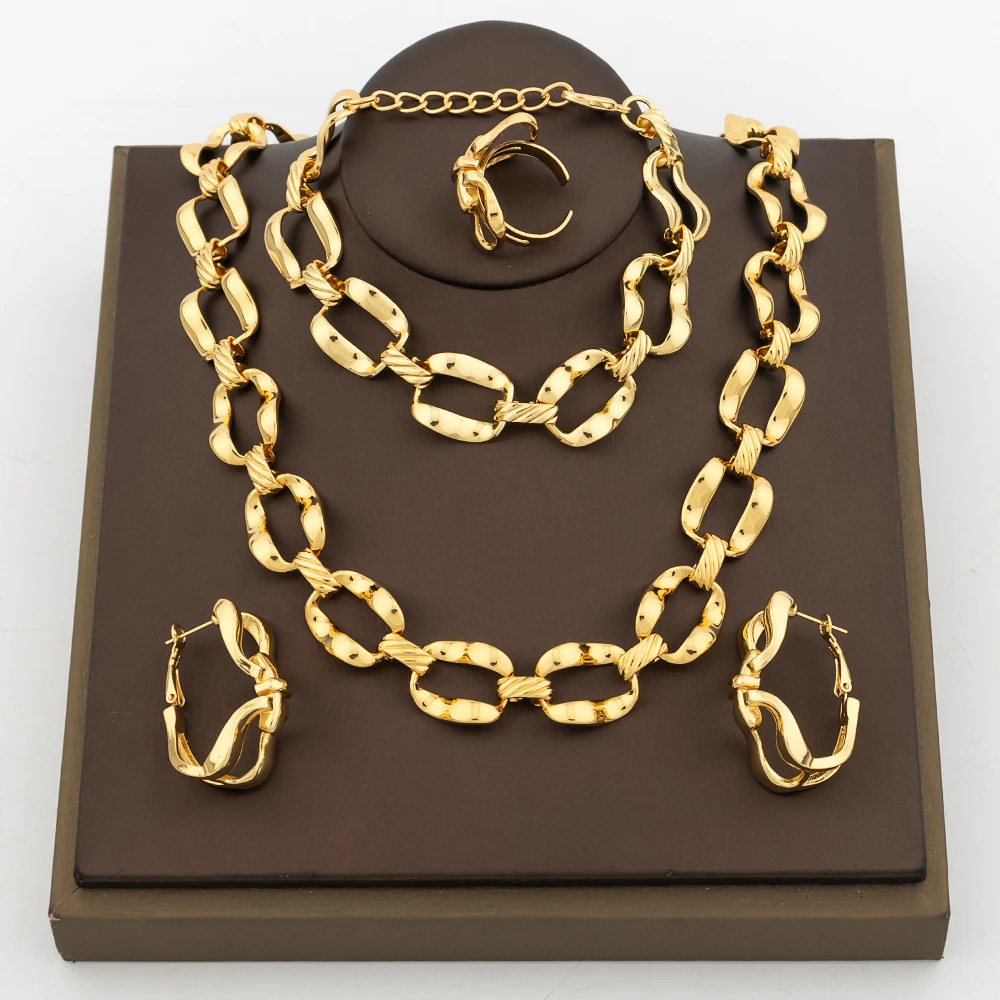 

African Dubai Golden Color Jewelry Set Ladies Party Choker Necklace Hoop Earrings 18k Gold Plated Wedding Bridal Jewellery Gifts
