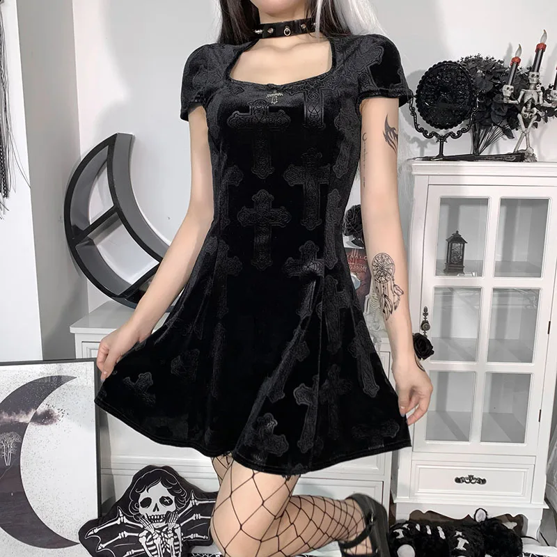

Fashion Women's Sexy Mini Dress Gothic Style Short Sleeve Square Neck Dating Party Summer A-line Dress Club Streetwear Y2k