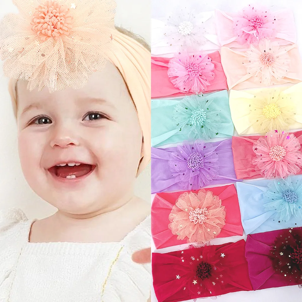 

2022 European and American New Mesh Star Flower HairBand Baby Nylon Headscarf Headdress