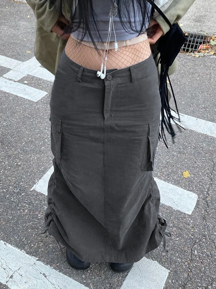 

Fairycore Grunge Women Maxi Skirts Solid Shirring Pockets Harajuku Punk Clothes Fashion Aesthetic Chic Gray Skirts