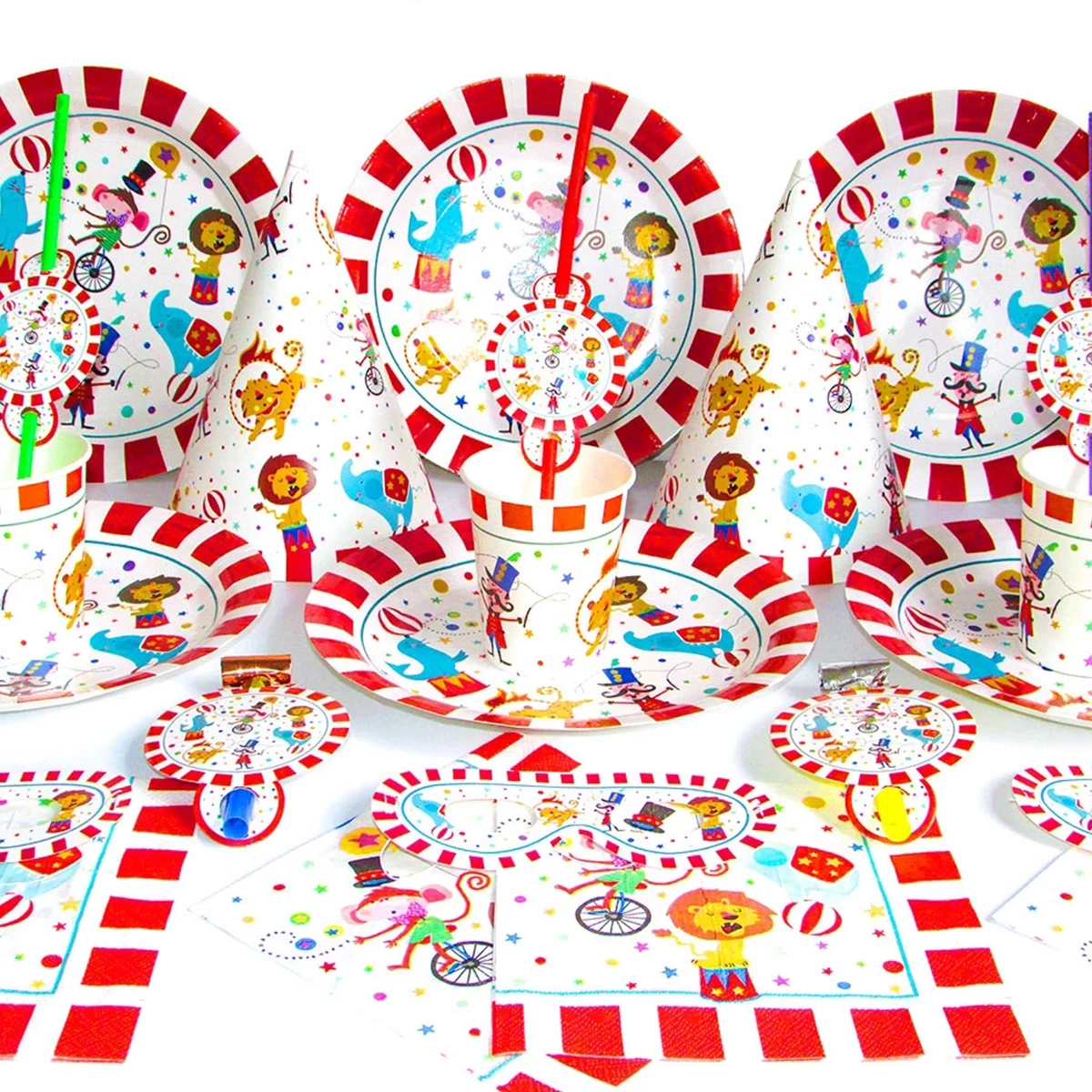 

63Pcs Circus Theme Tableware Reusable Circus Party Dinnerware Cute Kids Striped Animals Birthday Party Supplies Paper Plates