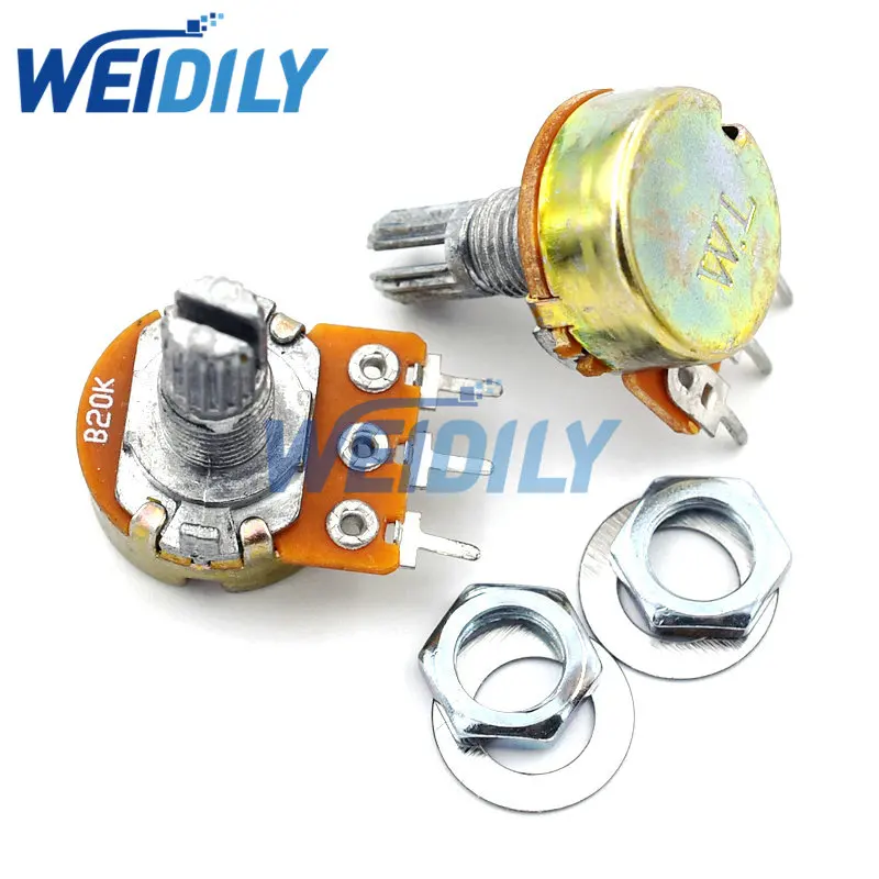 

Линейный потенциометр WH148 B20K 20K, вал 15 мм с гайками и шайбами, одно соединение, трехконтактная ручка, цвет черный, 2 шт.