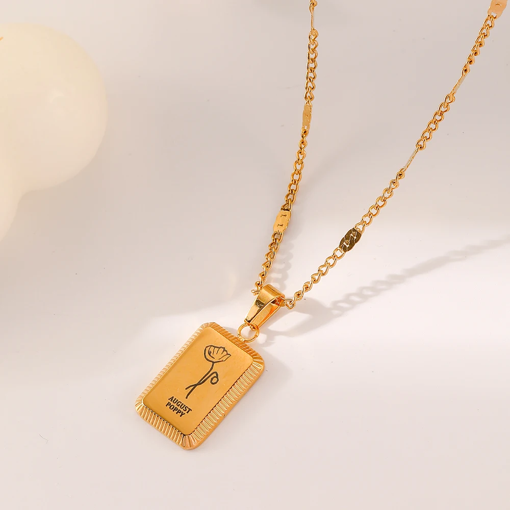 

2023 New Fashion Trend Stainless Steel Elegant Delicate Rose Flower Square Month Necklace Women High Jewelry Party Gifts