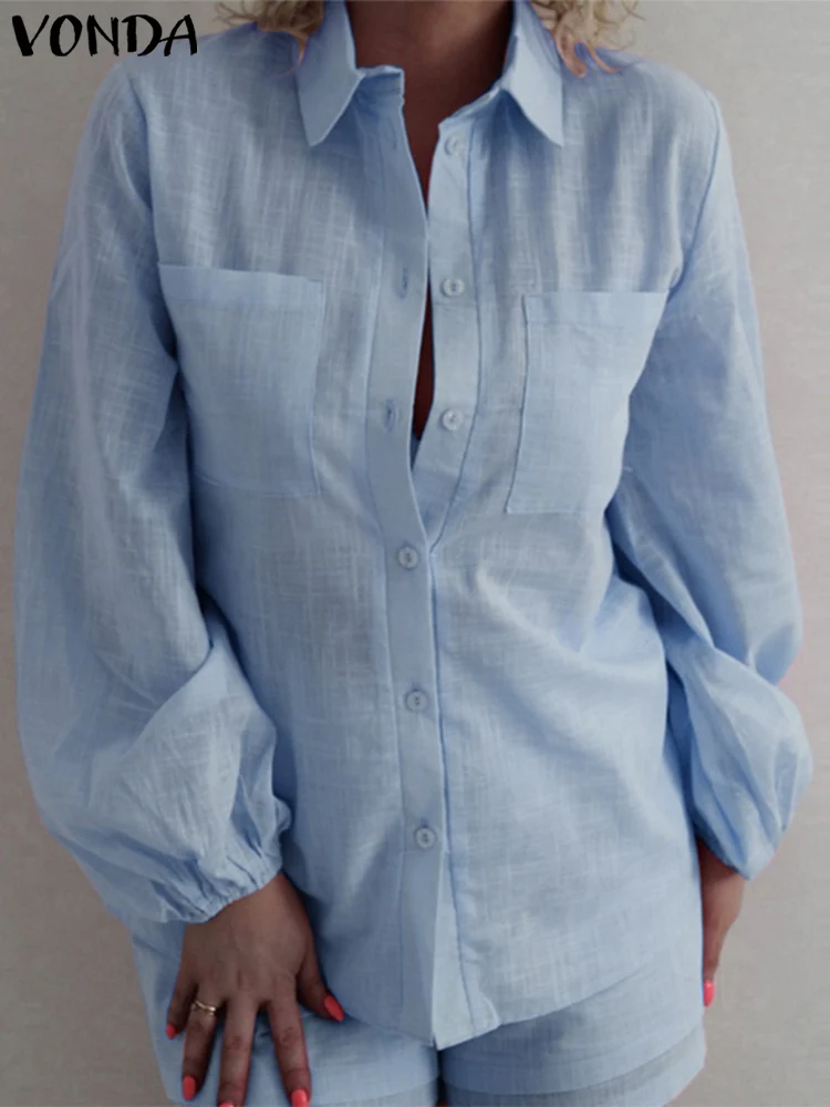 

VONDA осенние офисные рубашки 2023 элегантные женские Топы с длинным рукавом Повседневная Свободная хлопковая блузка на пуговицах винтажные Женские Мешковатые Блузы