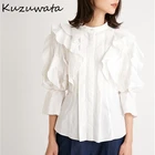 Новинка 2022, женские рубашки Kuzuwata в японском стиле, Женская темпераментная однобортная рубашка с оборками на рукавах, топ с воротником-стойкой, женские блузы