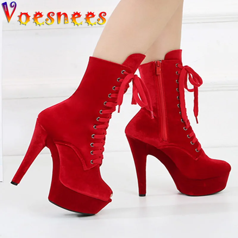 

Voesnees New Sexy Fetish Stripper Peep Toe Ankle Boots Mature Woman Velvet Pole Dance Shoes Models Show Lace Up 15CM High Heels
