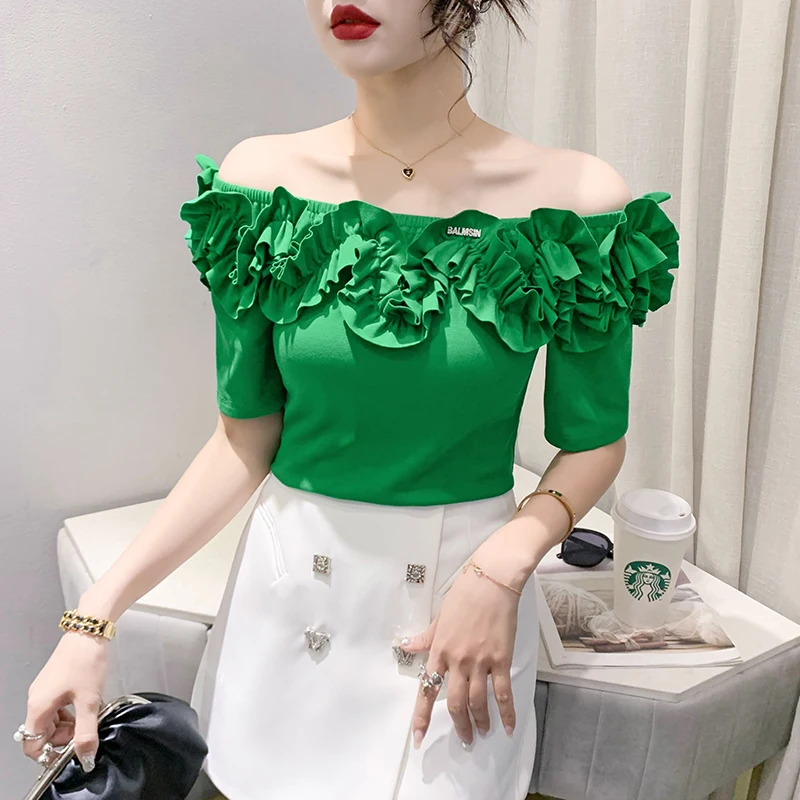 

Женская хлопковая футболка с коротким рукавом, с оборками и открытым воротником