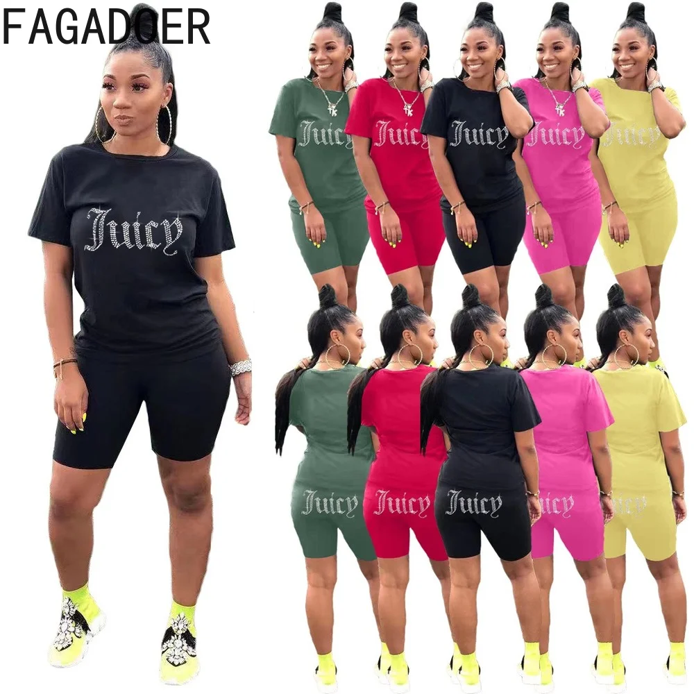 

FAGADOER Juicy Print Tracksuit Women Round Neck Short Sleeve Tshirt And Shorts Two Piece Sets Summer Sporty Fitness Outfits 2022