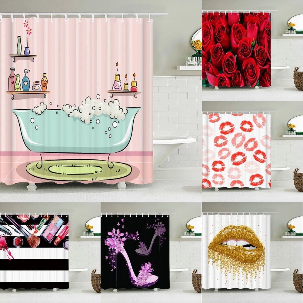 

Romantic Pink 3D Shower Curtains Girls Bath Printing Bathroom Shower Curtain Waterproof Polyester Fabric Bath Curtain Decoration