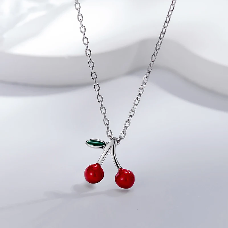 

925 Sterling Silver Cute Red Enamel Cherry Choker Pendant Necklaces Fine Jewelry for Charm Women Girl Romantic Accessories Gift