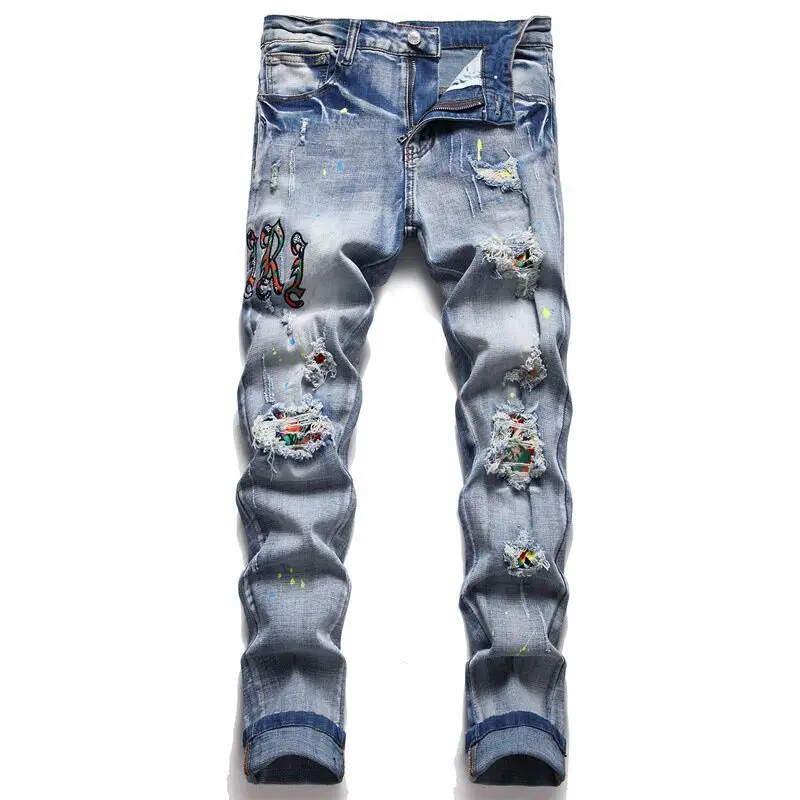 

Мужские джинсы в стиле пэчворк с надписью 2022, мотоциклетные брюки, Синие рваные дизайнерские джинсы, мужские брюки с дырками в уличном стиле...