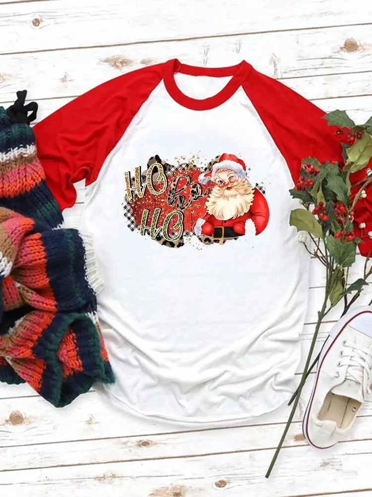 

Стильная женская футболка с принтом Санта Клауса на Рождество и новый год, праздничные топы, модная Праздничная графическая футболка с длин...