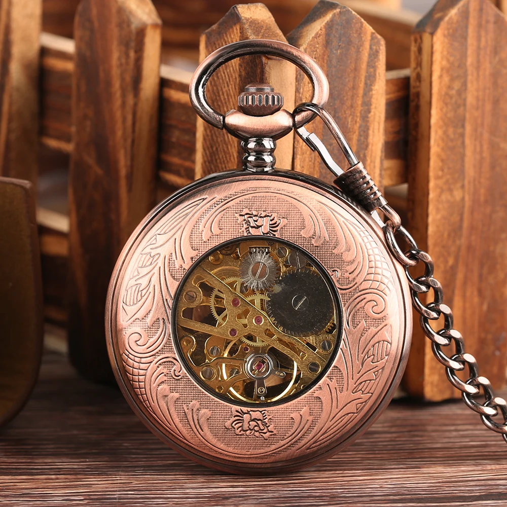 Rose Gold Gearwheel Roman Numerals Skeleton Manual Mechanical Pocket Watch Fob Chain Steampunk Vintage Pocket Timepiece Male