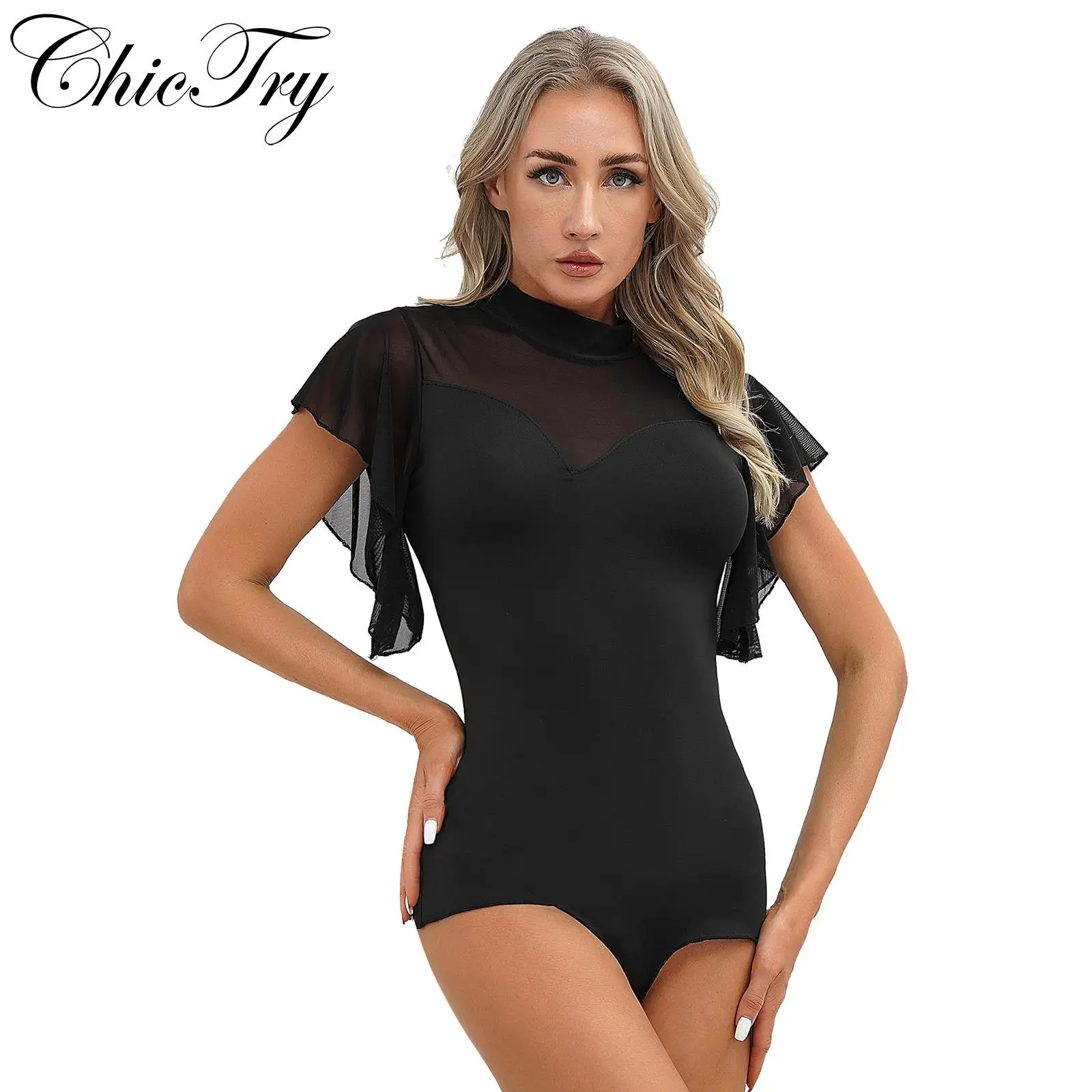 

Womens Ballet Dance Leotard Ruffle Mesh Gymnastics Workout Bodysuit Cha-Cha Latin Dance Stage Performance Ballerina Costumes