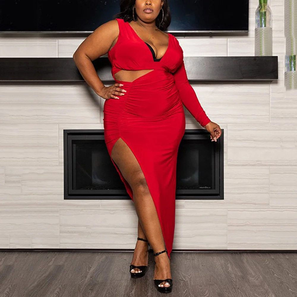 

4XL 5XL Plus Size Dresses Red Black Sexy Bodycon Deep V Neck Sleeveless High Waisted Side Split Evening Night Party Club Vestido