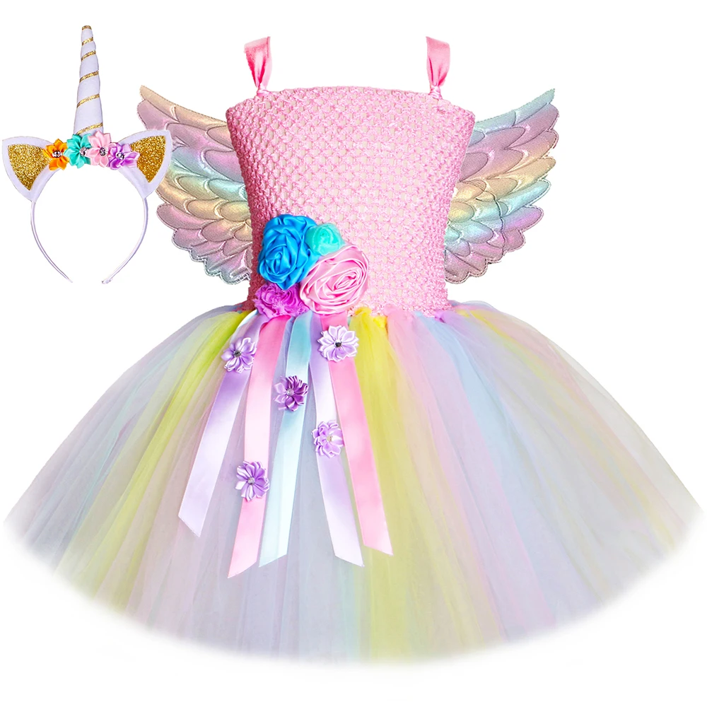 

Pastel Rainbow Unicorn Tutu Dress for Baby Girls Birthday Party Gift Flowers Tulle Princess Gown Kids Halloween Cosplay Costumes