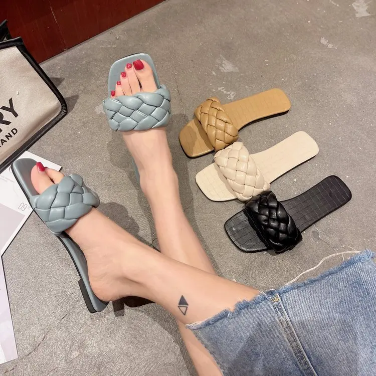 

Square Toe Low Shoes For Girls Woman's Slippers Slides Fashion Peep Lady 2022 Luxury Flat Hoof Heels Fabric Basic Rubber PU