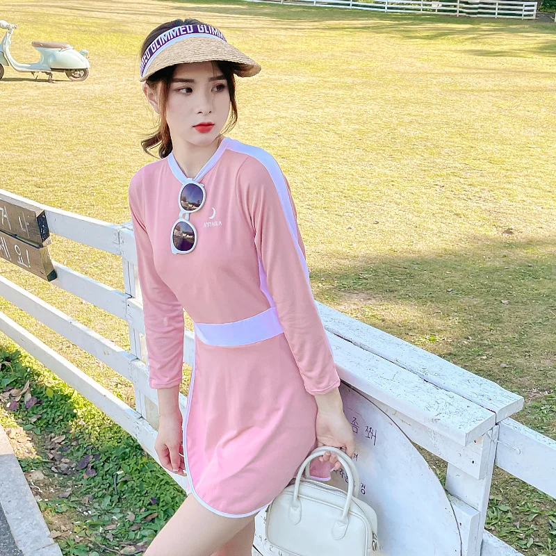 Купальник-монокини с длинным рукавом и юбкой в стиле Кореи 2022 года для женщин, белый цвет.