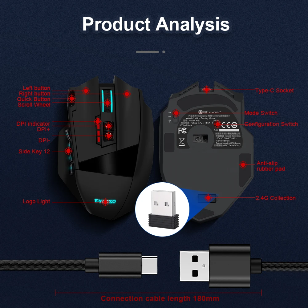 Фото E-YOOSO RGB USB 2,4G Беспроводная игровая мышь 16000 точек на дюйм 16 кнопок Программируемая игровая оптическая мышь для компьютера, ПК, ноутбука №5