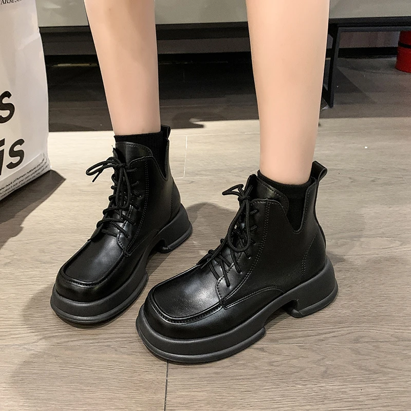 

Ladies Shoes 2023 Hot Sale Lace Up Women's Boots Autumn Round Toe Solid Naked Boots Platform Mid Heel Water Proof Fashion Boots